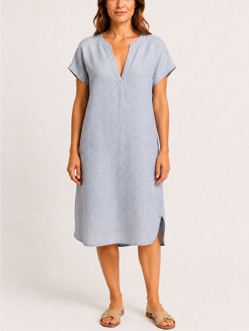 Tahari 1X Blue 100% Linen Shift Dress Short Sleeve V Neck Plus Size